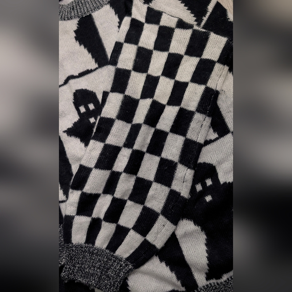 Ghost Checkerboard Sweater Black White Spooky Goth Halloween Knit Large - Picture 5 of 13
